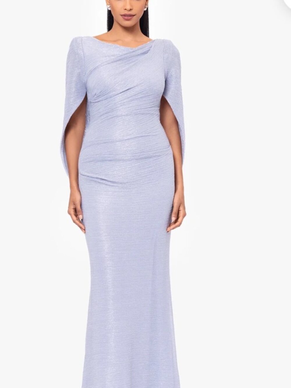 NWY Betsy & Adam "Elaine" Metallic Crinkle Blue/Silver Cape Back Gown. Size 14
